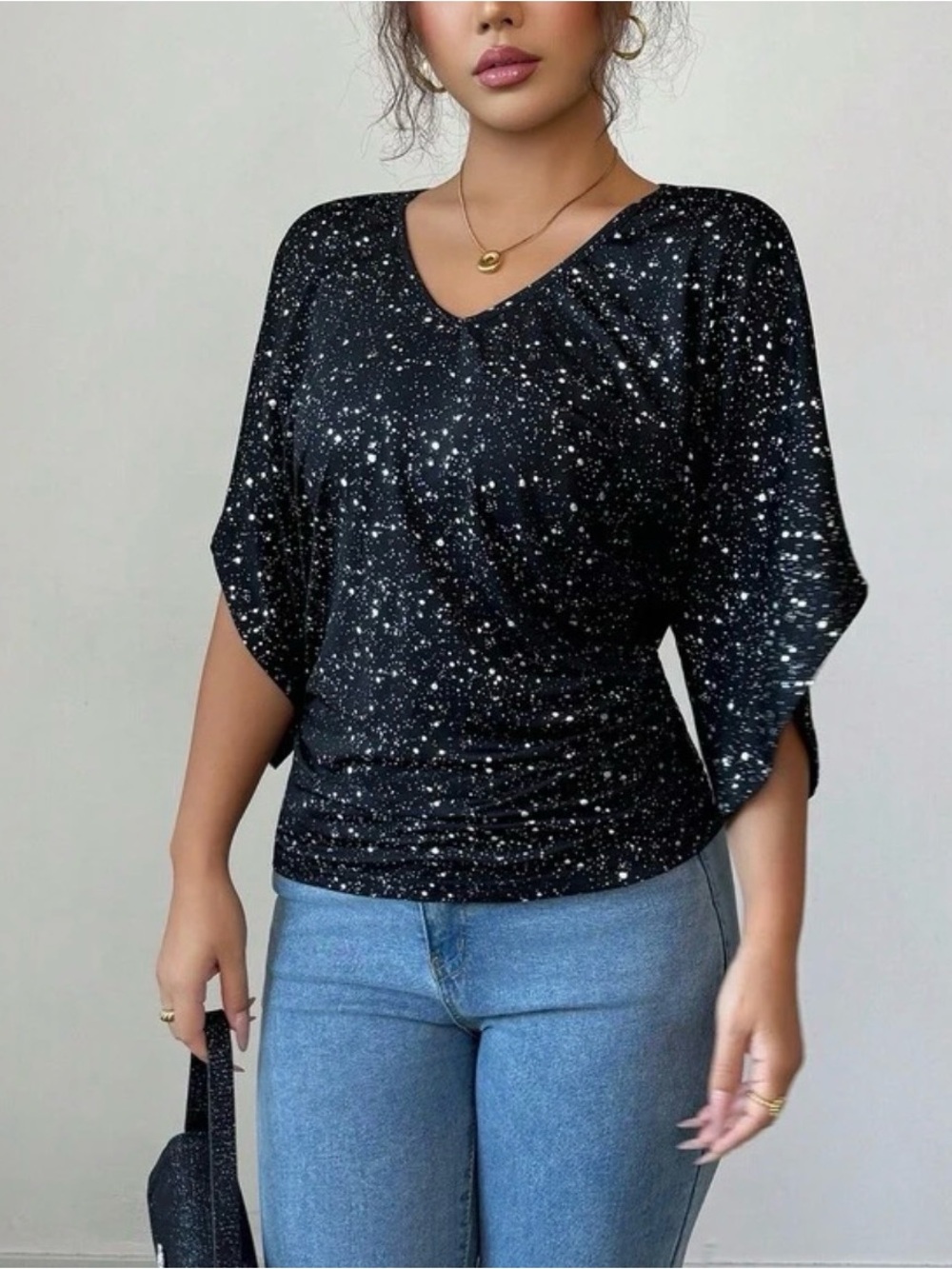 Black Speckled V-Neck Dolman Sleeve Top